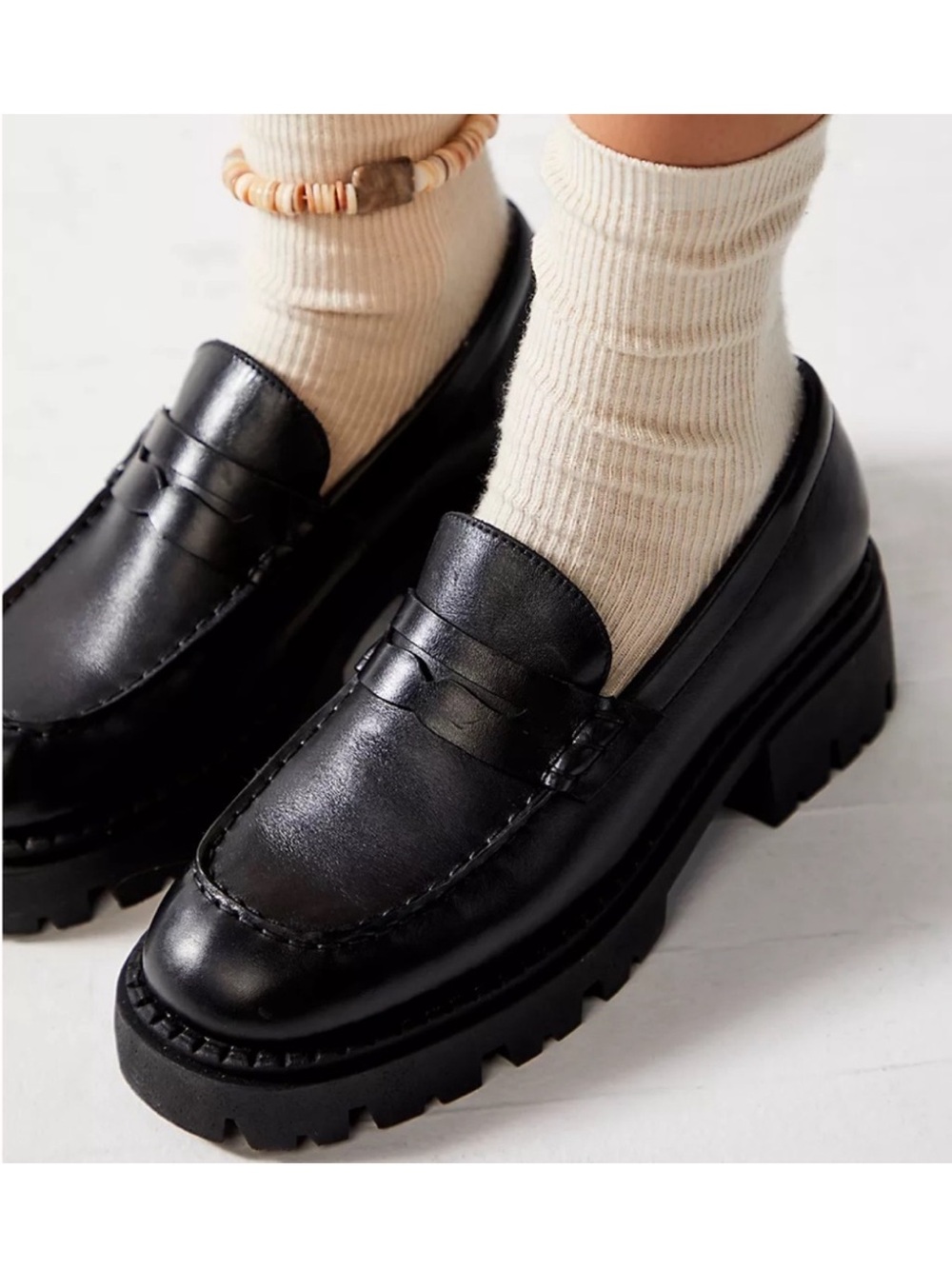 FREE PEOPLE Lyra Black Leather Lug Sole Loafers Academia Collegiate Platform 9